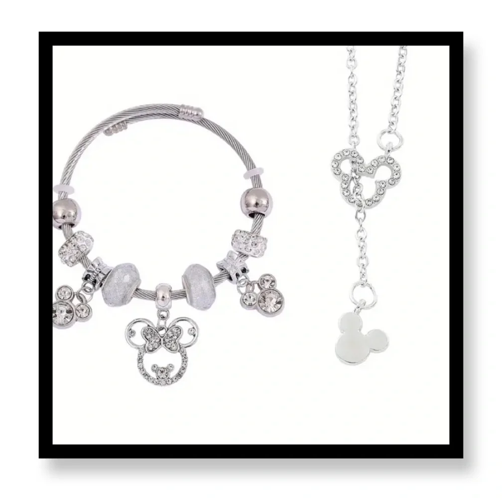 (New in package) Mickey Mouse Elegant Silver Charm Bracelet and Necklace Set